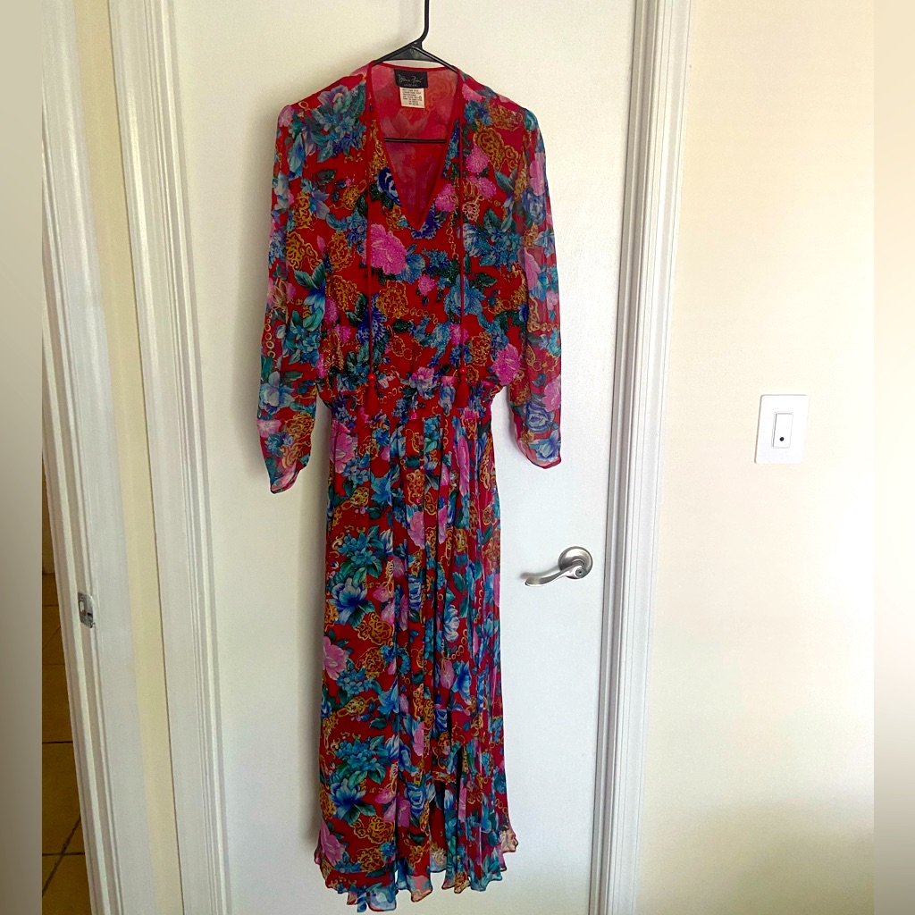 Vintage Diane Fres Original 100% Pure Silk Long Floral Beaded Dress.
